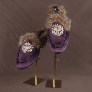 Italian Velvet Purple Furry Mules With Golden Lion Zardosi Embroidery By Brune & Bareskin