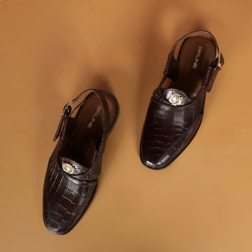 Cross Design Light Weight Dark Brown Deep Cut Croco Leather Peshawari Sandals for Men