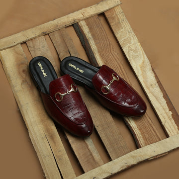 Wine Horse-bit Detailing Mules in Deep Cut Croco Textured Leather
