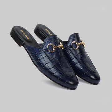 Horse-bit Detailing Leather Formal Mules in Blue Deep Cut Leather