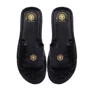 Golden Lion Logo Unique Look Black Deep cut Textured Leather Slide-In-Slipper
