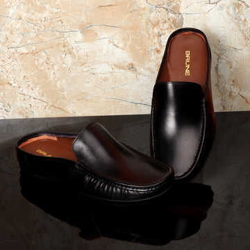 Light Weight loafer Mules in Black Leather