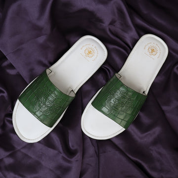 Bright Green Embossed Lion Deep Cut Croco Strap White Leather Slide-In-Slippers by Brune & Bareskin