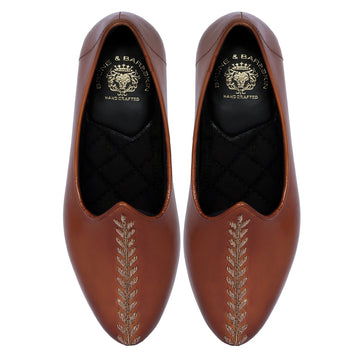 Tan Leather Jalsa with Leaves Stem Hand Zardosi