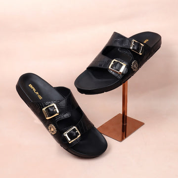Adjustable Buckle Slide-in Slippers in Black Croco Textured Leather
