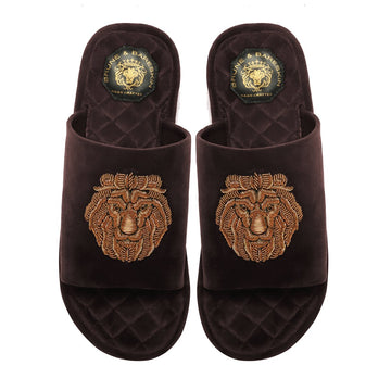 Brown Quilted Base Lion Zardosi Men Velvet Slide In Slippers By Brune & Bareskin