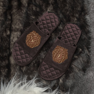 Brown Quilted Base Lion Zardosi Men Velvet Slide In Slippers By Brune & Bareskin