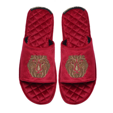Red Quilted Base Lion Zardosi Men Velvet Slide In Slippers By Brune & Bareskin