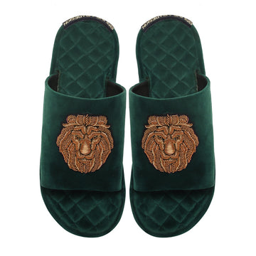 Green Quilted Base Lion Zardosi Men Velvet Slide In Slippers By Brune & Bareskin