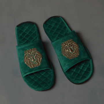 Green Quilted Base Lion Zardosi Men Velvet Slide In Slippers By Brune & Bareskin