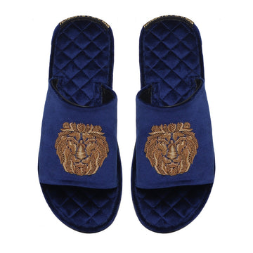 Blue Quilted Base Lion Zardosi Men Velvet Slide In Slippers By Brune & Bareskin
