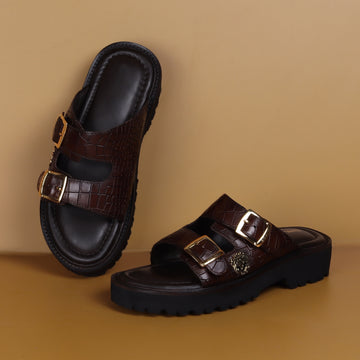 Adjustable Lug Sole Slide-in Slippers Dark Brown Cut Croco Textured Leather