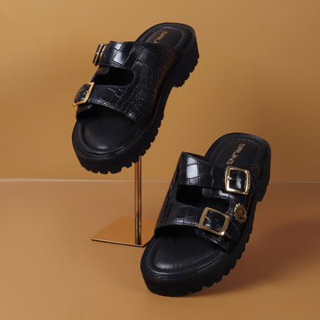 Chunky Sole Slide-in Slippers in Black Cut Croco Textured Leather