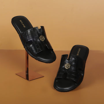 Black Deep Cut Croco Leather Slide-In-Slipper With Metal Lion Logo