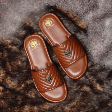 Brown Leather Zig-Zag Strap Comfy Slide-in Slippers By Brune & Bareskin