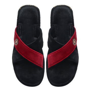 Cross Straps Comfy Velvet Slide-in Slippers in Black-Red Color