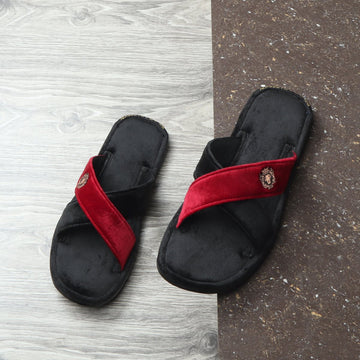 Cross Straps Velvet Slide-in Slippers in Black-Red Color