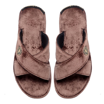 Brown Cross Straps Comfy Velvet Slide-in Slippers By Brune & Bareskin