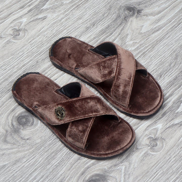 Brown Cross Straps Comfy Velvet Slide-in Slippers By Brune & Bareskin