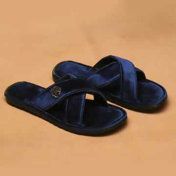 Blue Cross Straps Comfy Velvet Slide-in Slippers By Brune & Bareskin