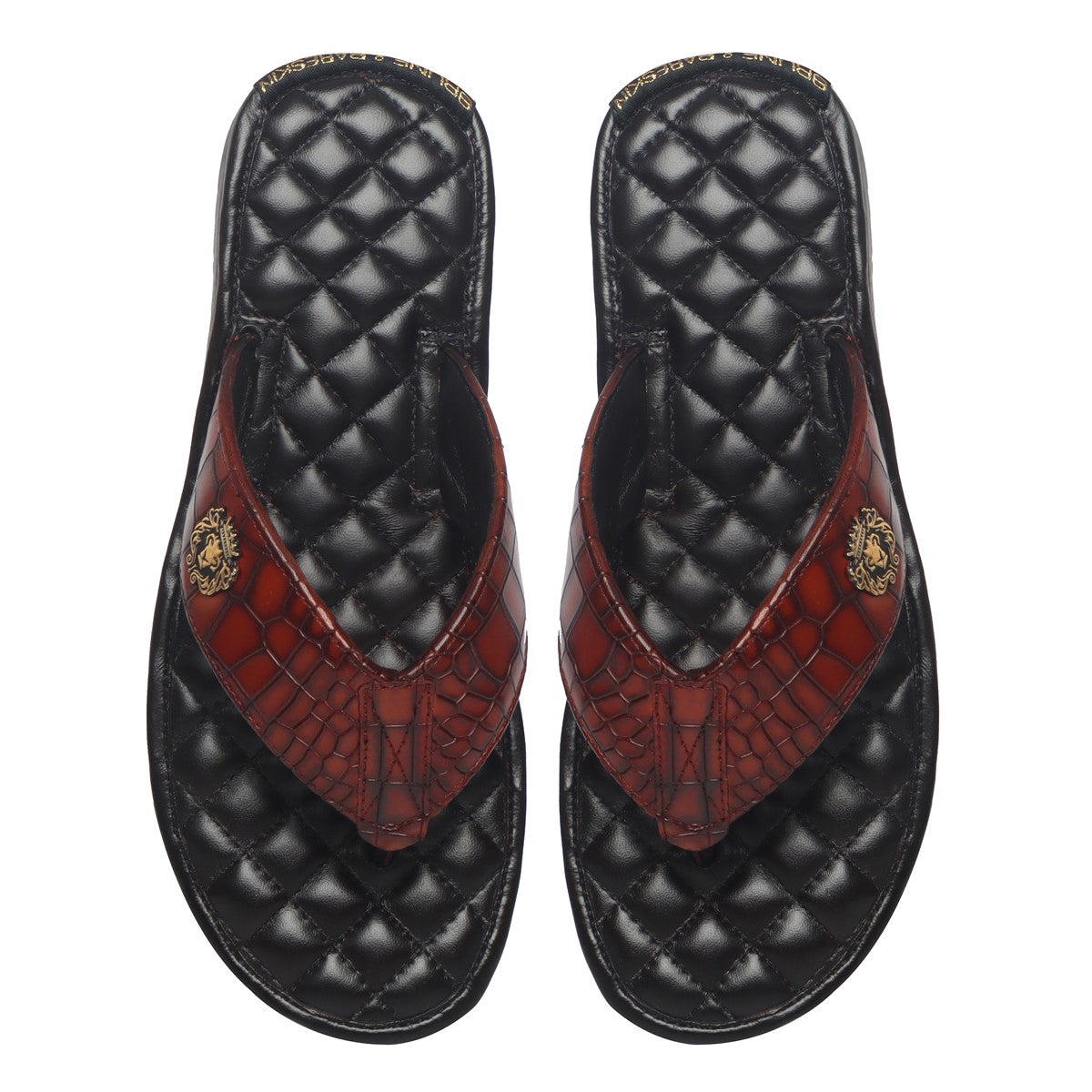 Cognac V- Strap Slide-in Slippers with Diamond Stitched Base in Deep Cut Leather