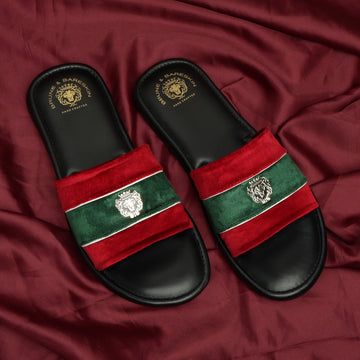 Red and Green Velvet Strap Black Leather Slide-in Slippers by BRUNE & BARESKIN