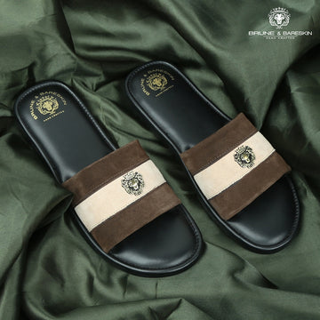 Brown & Beige Suede Leather Strap Slide-in Slippers by BRUNE & BARESKIN