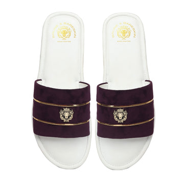 Purple Velvet Strap with White Leather Comfy Base Slide-in Slippers by Brune & Bareskin