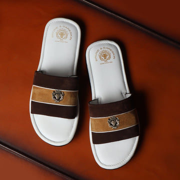 Slide-in Slippers in Brown & Beige Suede Strap White Leather