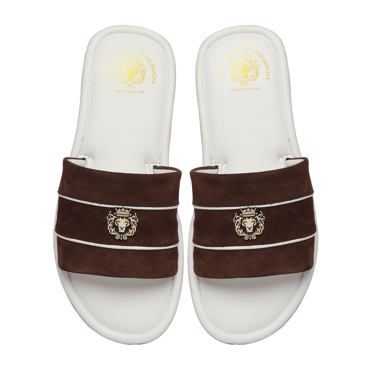 Brown Suede Strap White Leather Slide-in Slippers by BRUNE & BARESKIN