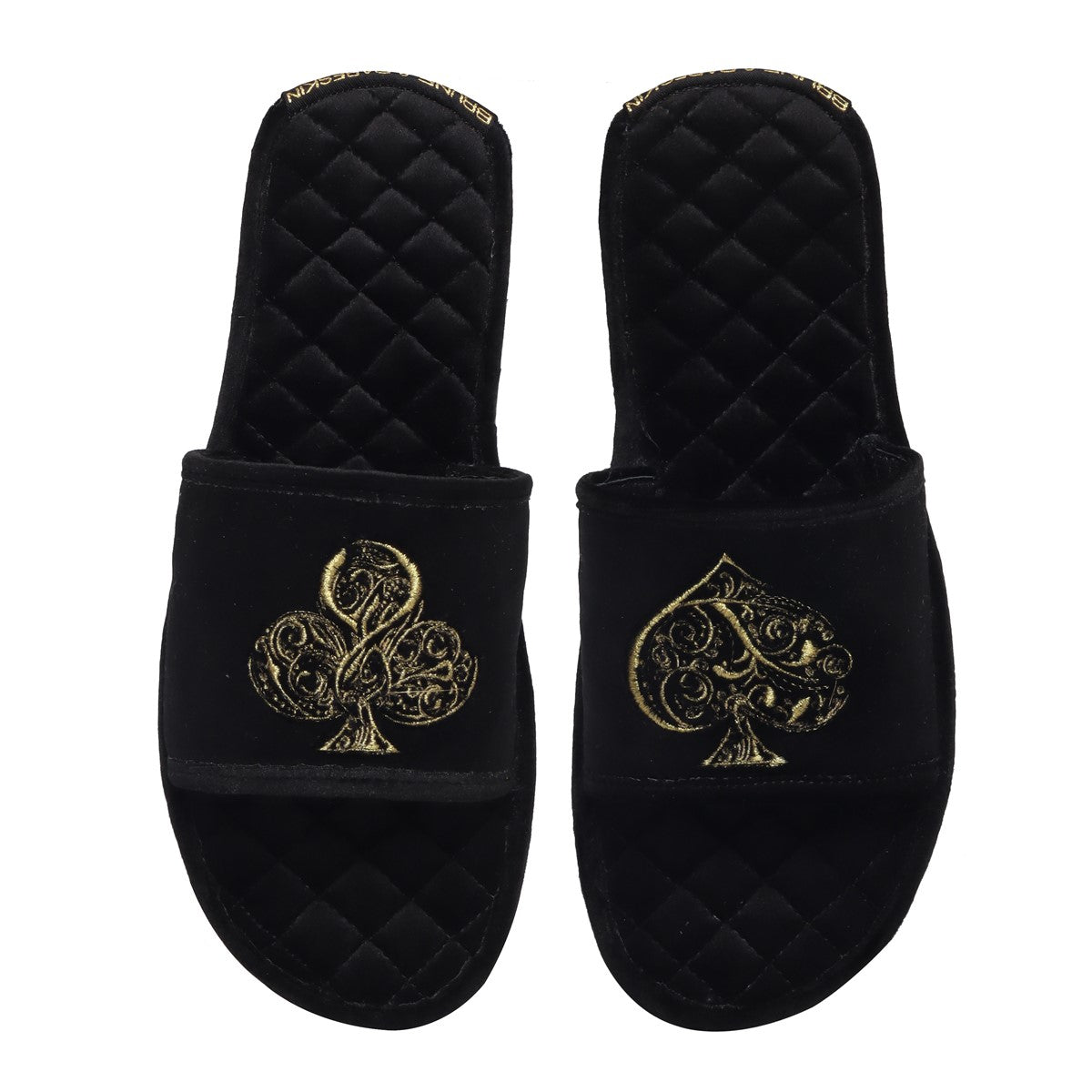 Golden Poker Detailed Embroidery Super Soft Base Black Velvet Slide-in Slippers by Brune & Bareskin