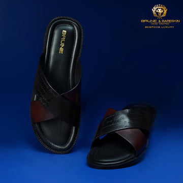 Double Strapped Welt Slide-in Slipper with Laser Engraved Crossover Black & Brown Leather