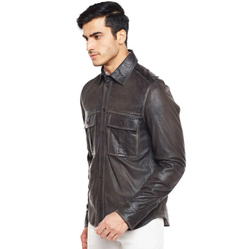 Men's Long Sleeves Graphite Leather Shirts By Brune & Bareskin