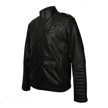Brune & Bareskin Men's Black Quilted Shoulder Design Leather Biker Jacket