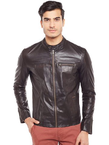 Band Collar Brown Leather Jacket  with Front Zipper Pockets By Brune & Bareskin
