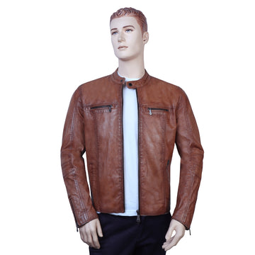 Metal Lion Front Zipper Cognac Ban Neck Collar Men's leather Jacket By Brune & Bareskin