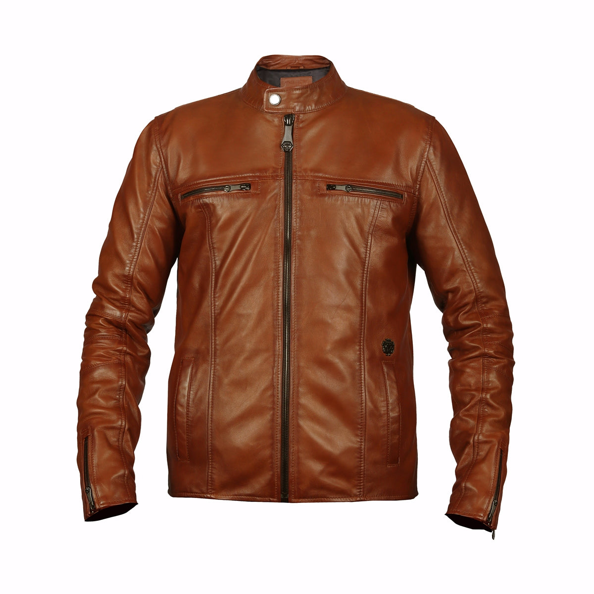 Classic Ban Neck Collar Front Zipper Pockets Tan Men Leather Jacket