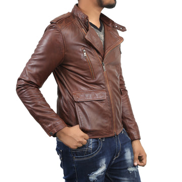 Bareskin Men's Korean Style Side Zip Brown Leather Jacket