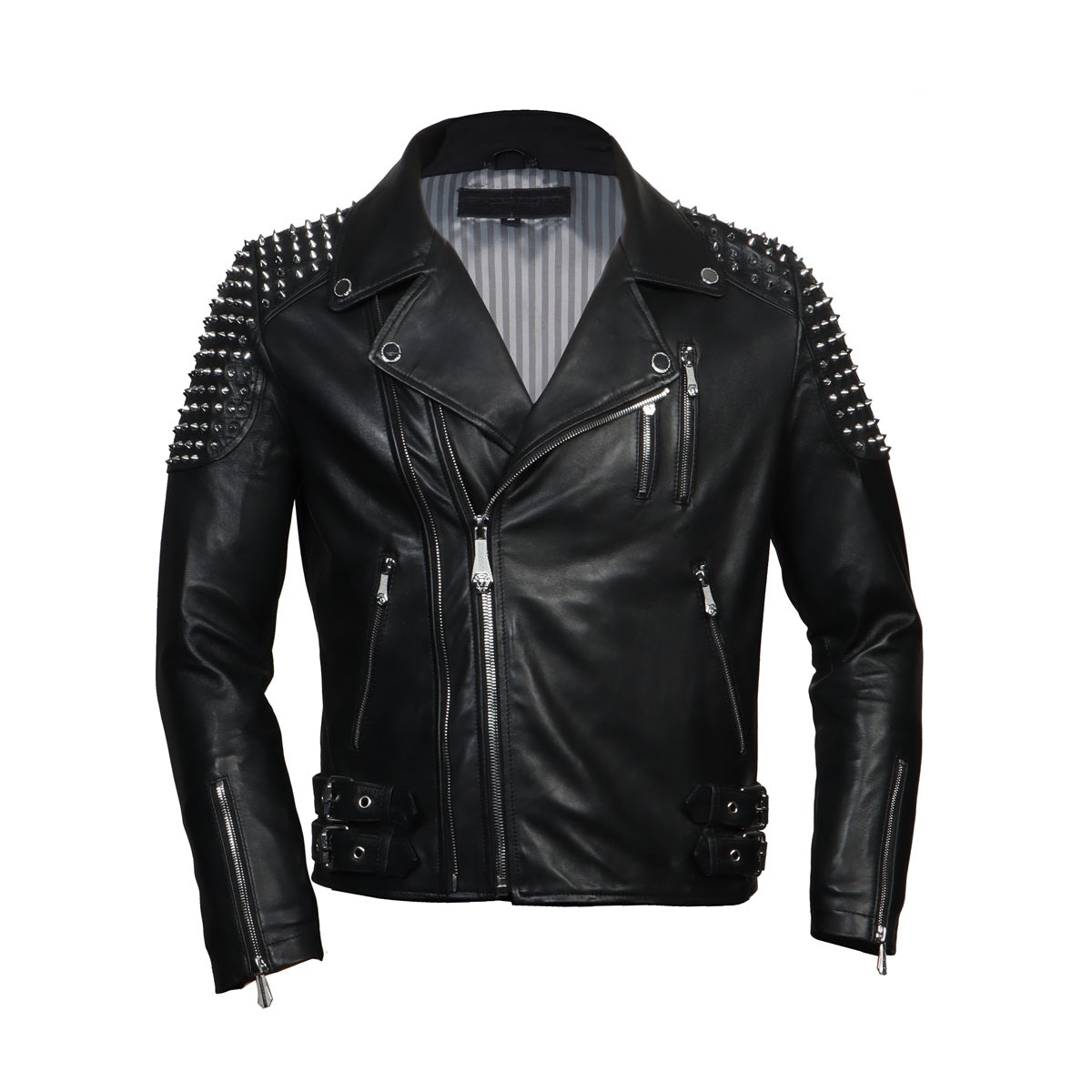 Dual Buckle Studded Black Leather with slanted zip Closure Men's Jacket By Brune & Bareskin