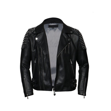 Dual Buckle Studded Black Leather with slanted zip Closure Men's Jacket By Brune & Bareskin
