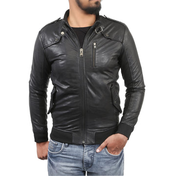 Men's Rib Design Slim Fit Black Leather Jacket By Brune & Bareskin