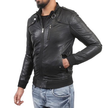 Men's Rib Design Slim Fit Black Leather Jacket By Brune & Bareskin
