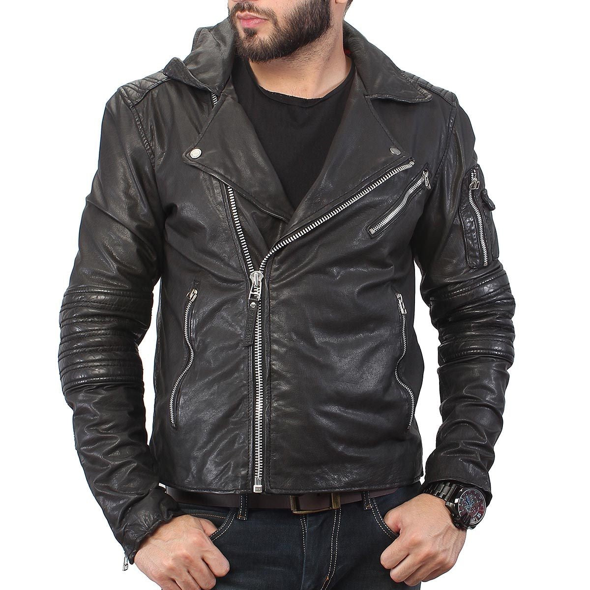 Black With Padded Elbow 100% Genuine Leather Biker Jacket