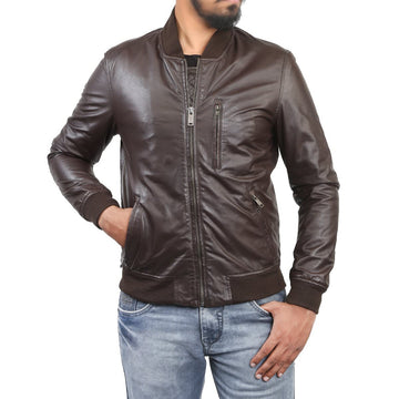 Men's Rib Collar Brown Leather Jacket By Brune & Bareskin