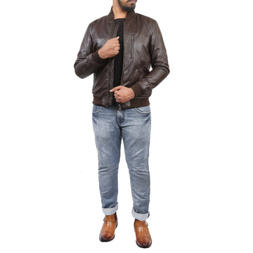 Men's Rib Collar Brown Leather Jacket By Brune & Bareskin