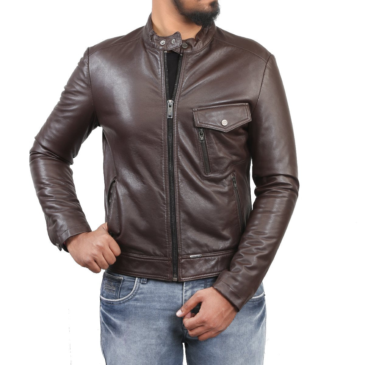 Bareskin Men's Slight Slant Pocket Brown Leather Jacket