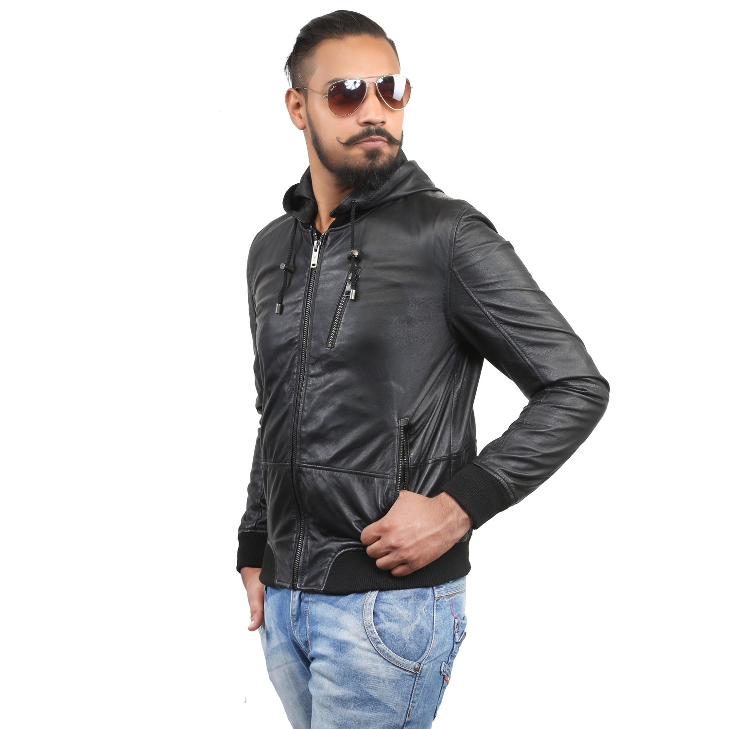 Bareskin Men'S Hoodie Style Black Leather Jacket