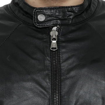 Black Leather With Band Neck Biker Jacket
