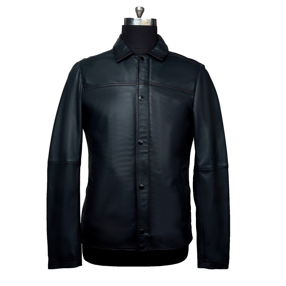 Men'S Shirt Style Collar Smoky Blue Leather Jacket