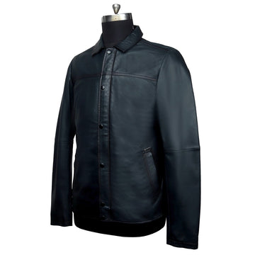 Men'S Shirt Style Collar Smoky Blue Leather Jacket